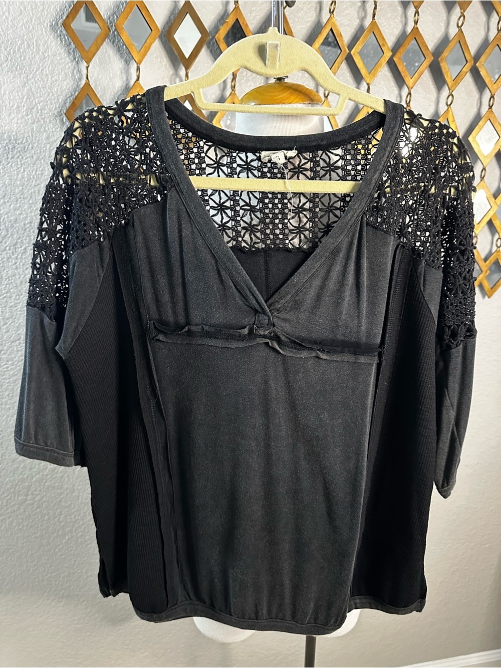 NWT POL Clothing "Call It A Fate" Lace Mixed Media Knit Top - Black Mineral Wash